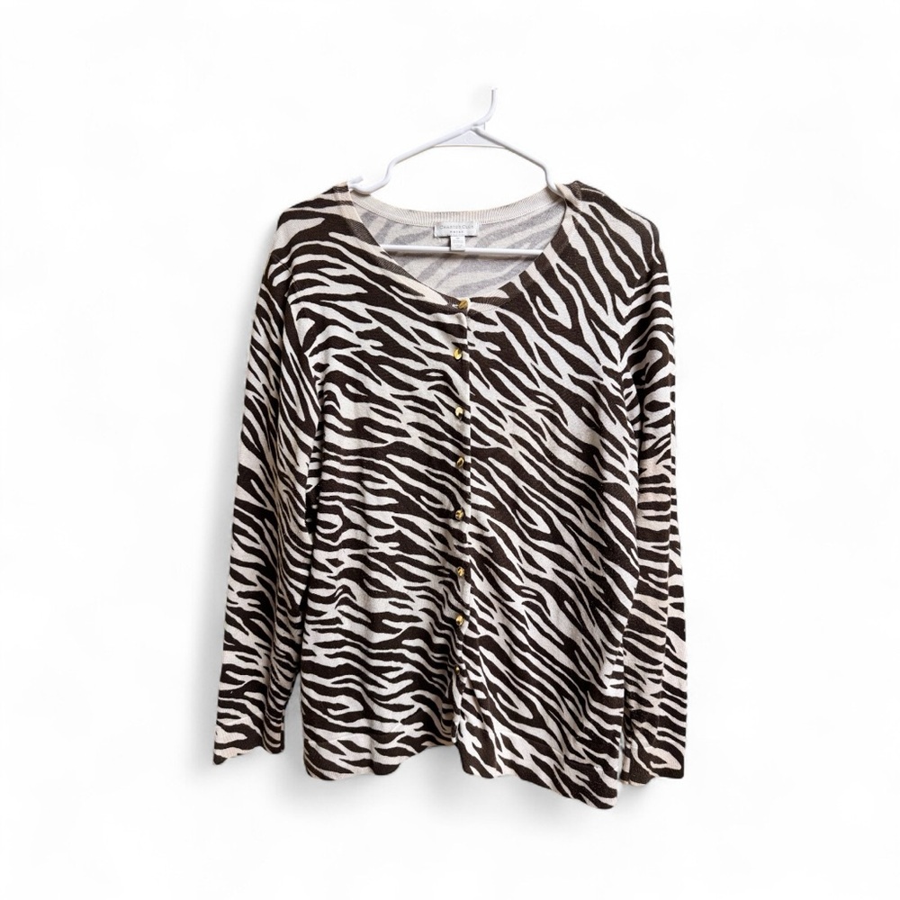 Charter Club Woman Brown White Zebra Print Cardigan Sweater Size 0X Animal Print